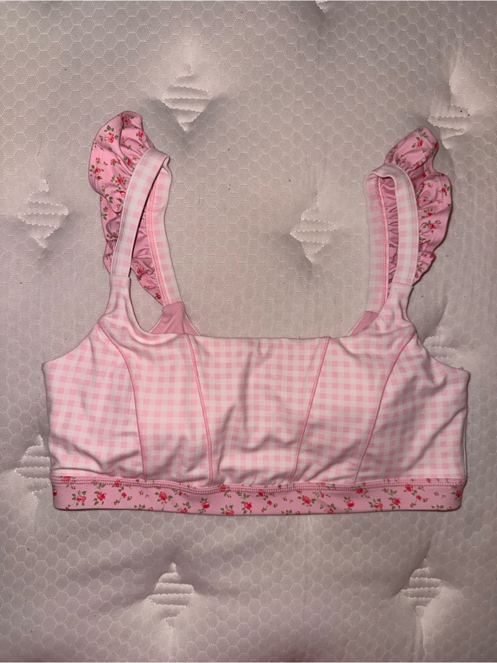 135. Blogilates Pink gingham sports bra with floral trim